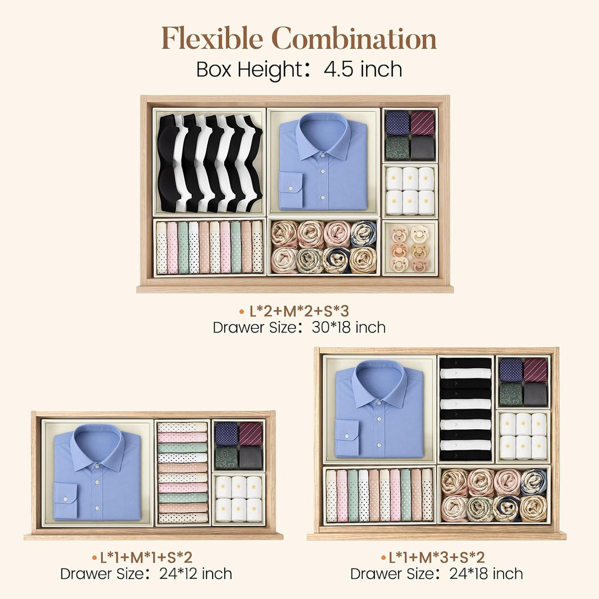 Construction and detail view of the drawer organizer set