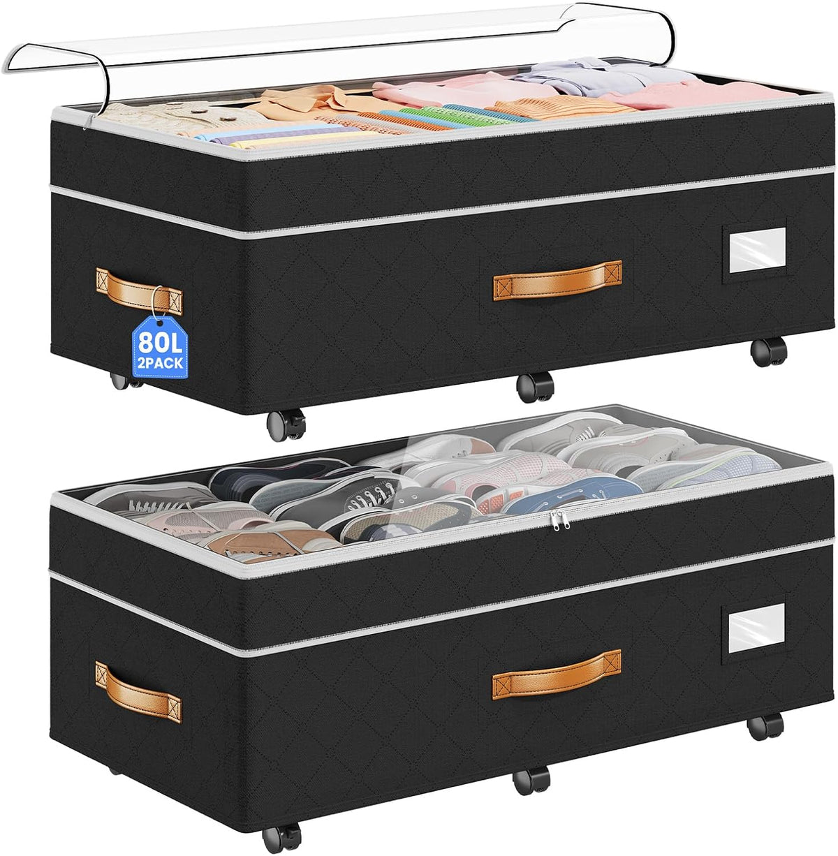 Two black adjustable under-bed storage organizers with wheels
