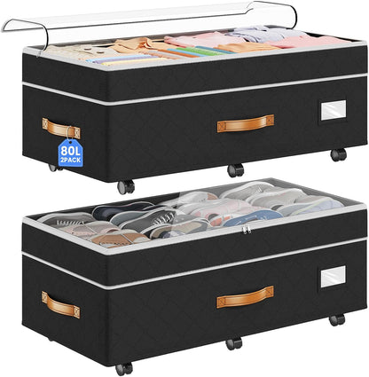 Two black adjustable under-bed storage organizers with wheels