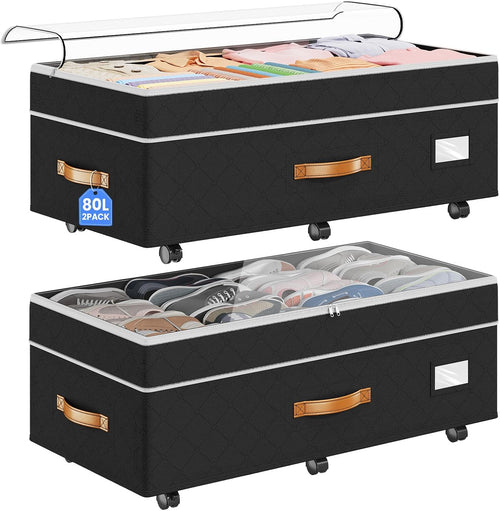 Two black adjustable under-bed storage organizers with wheels