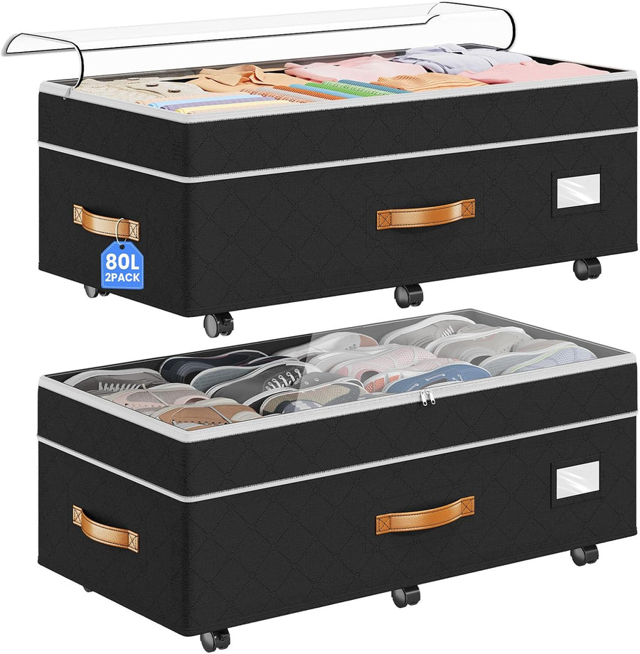 Two black adjustable under-bed storage organizers with wheels