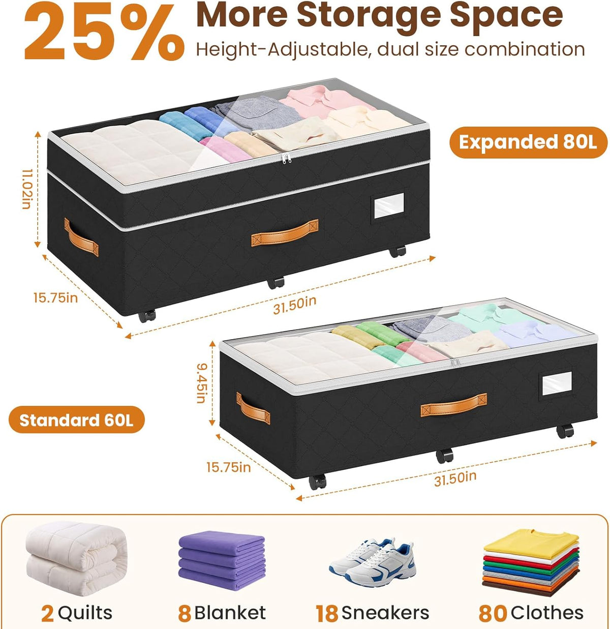 Expandable 80-liter under-bed organizer capacity and dimensions