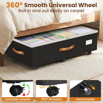Rolling under-bed storage bin gliding below a bed frame