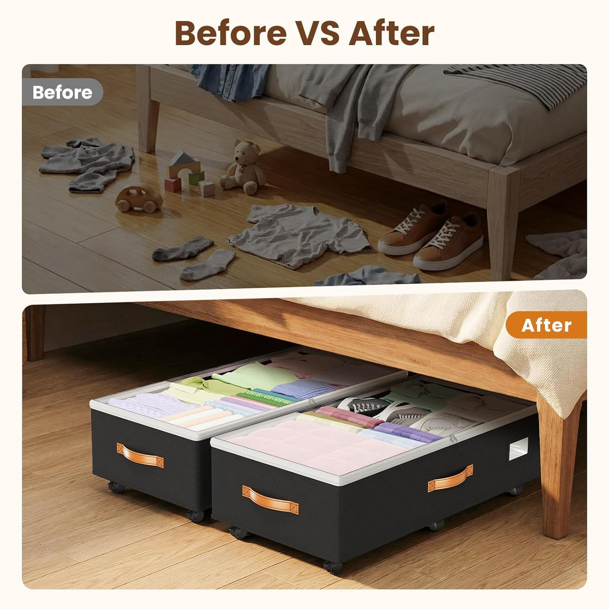 Two-pack black under-bed organizers arranged for seasonal storage