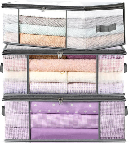 Three gray 35-liter clear-window clothes storage bags