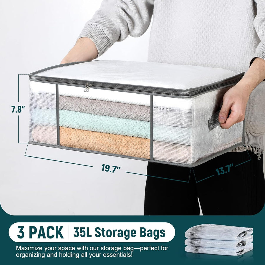 Transparent front window showing folded clothing inside the storage bag