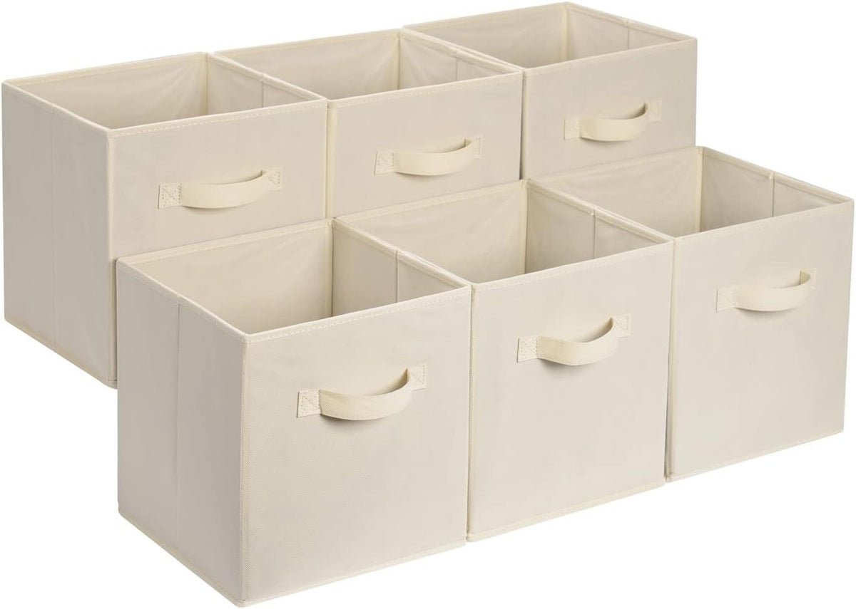 Six beige 13-inch collapsible fabric storage cubes