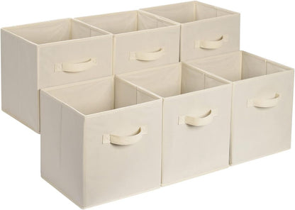 Six beige 13-inch collapsible fabric storage cubes