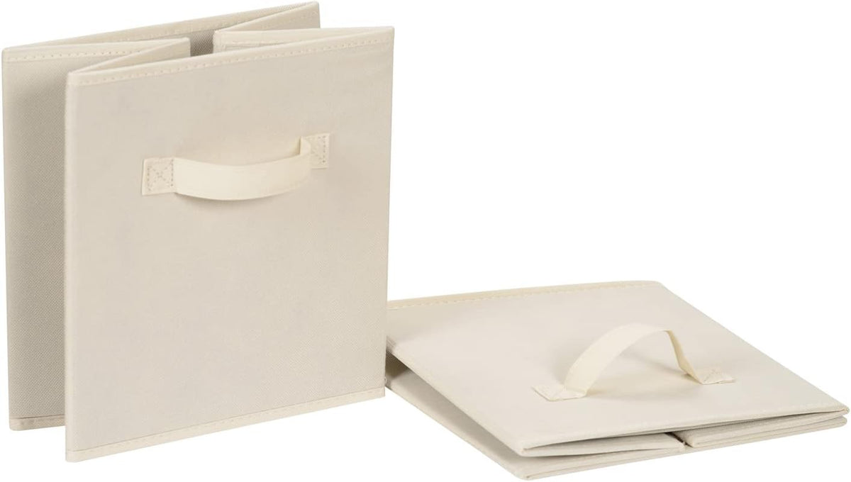 Sewn-in fabric handle on the front of a storage cube