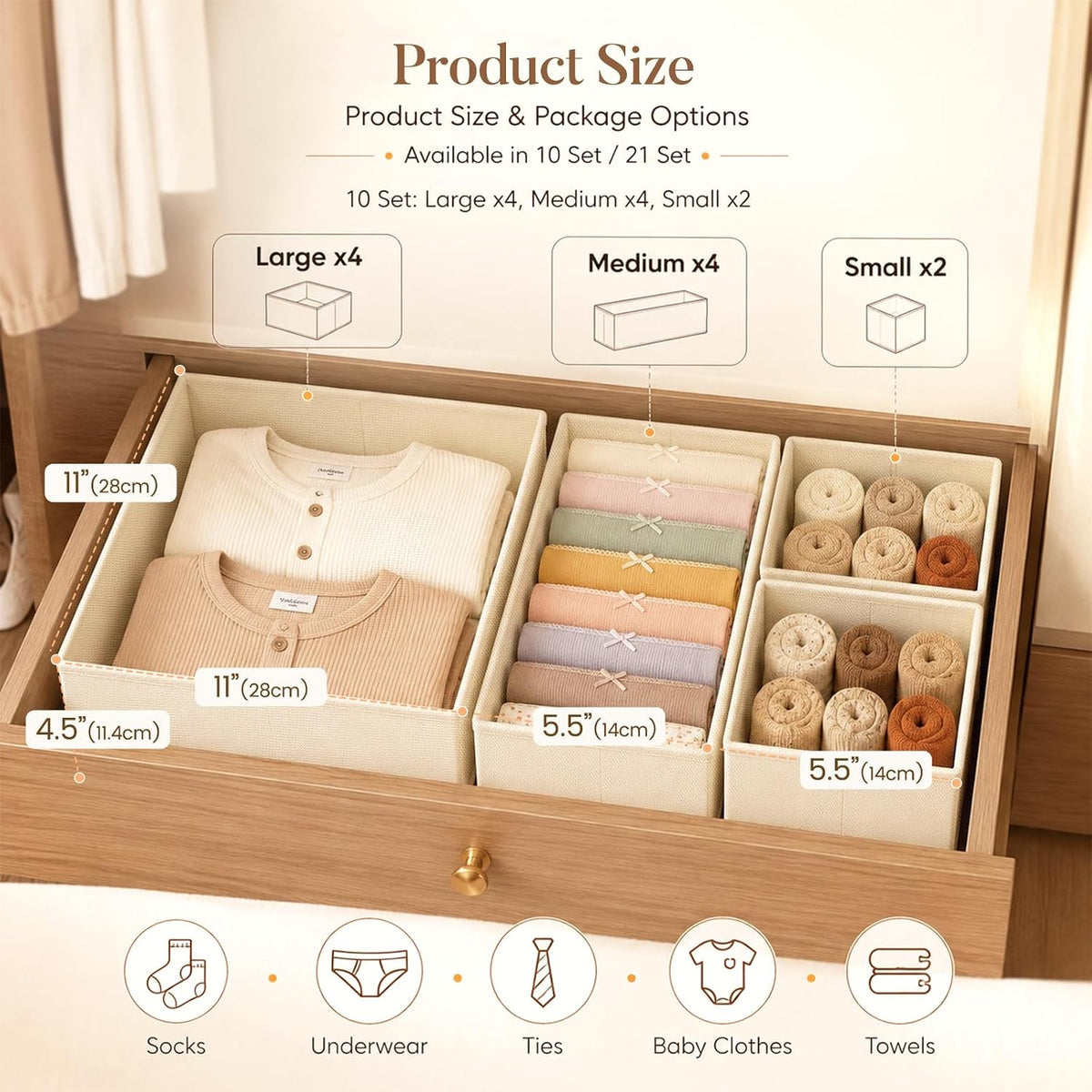 Drawer organizer set shown in three practical sizes