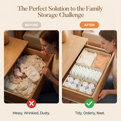 Beige organizers separating clothing inside a drawer