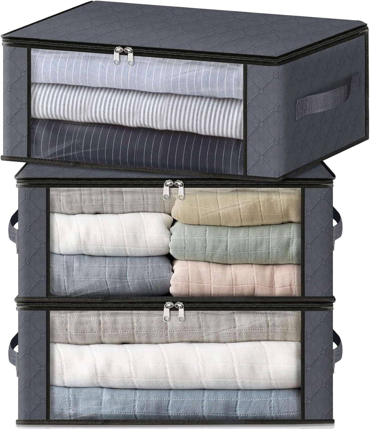 Three gray 35-liter foldable clothes storage bags