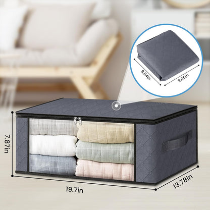 Large clear viewing window on a gray fabric storage bag