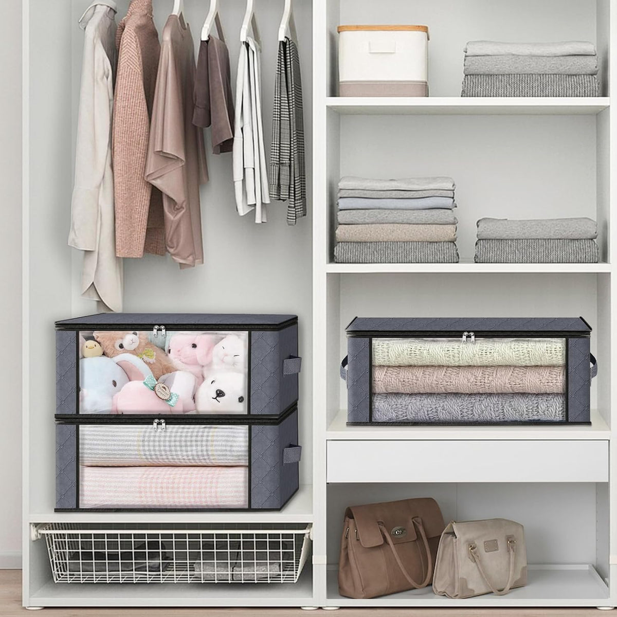Foldable bags organizing clothes blankets and bedding in a closet