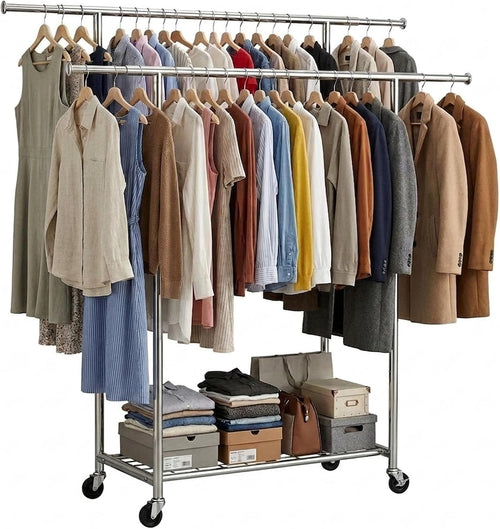 Silver heavy-duty double-rod clothes rack with shelves and wheels