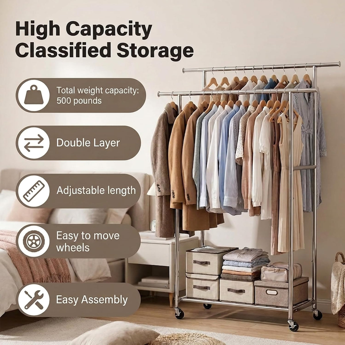 Extendable hanging rods creating additional garment space
