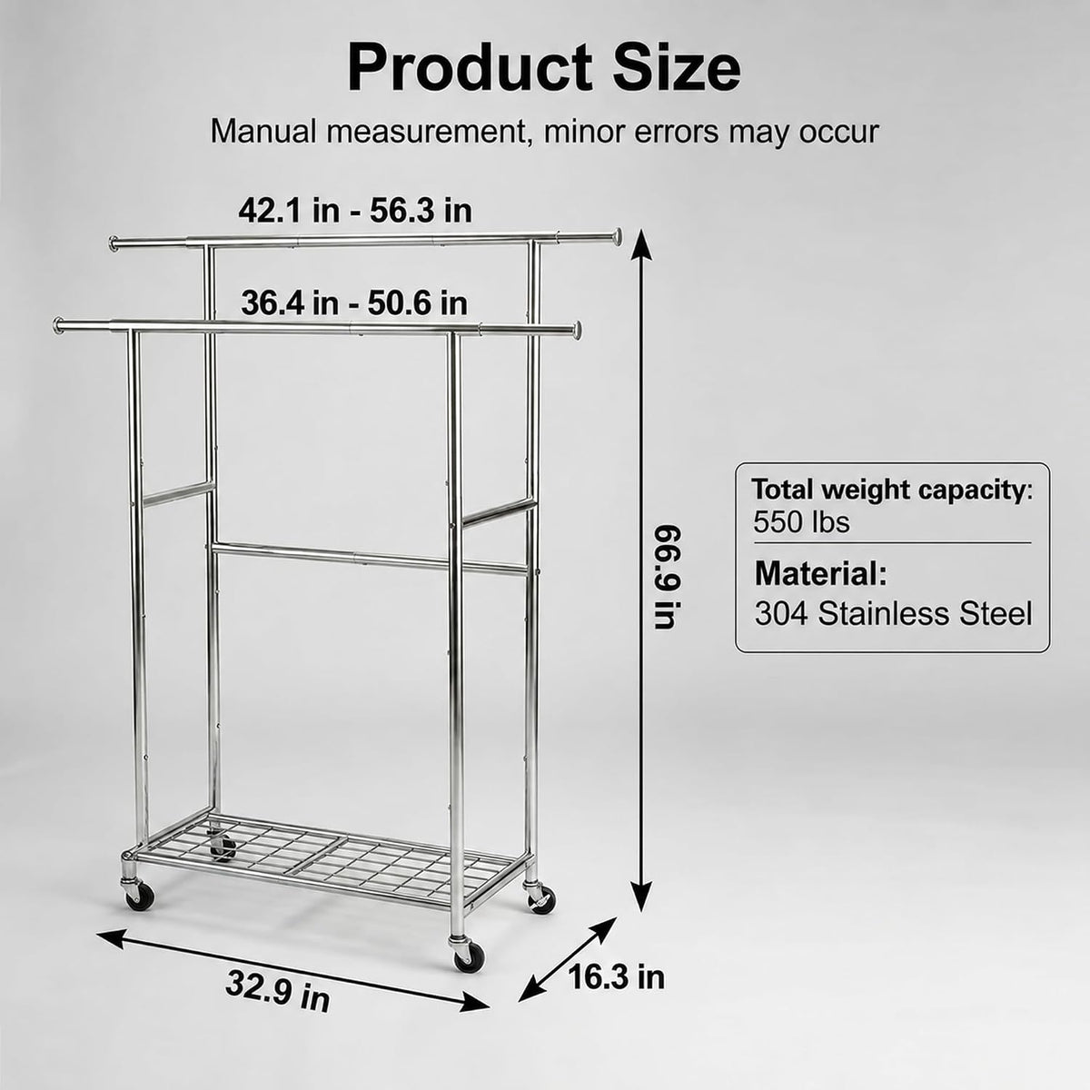 Double-rod garment rack dimensions and storage layout