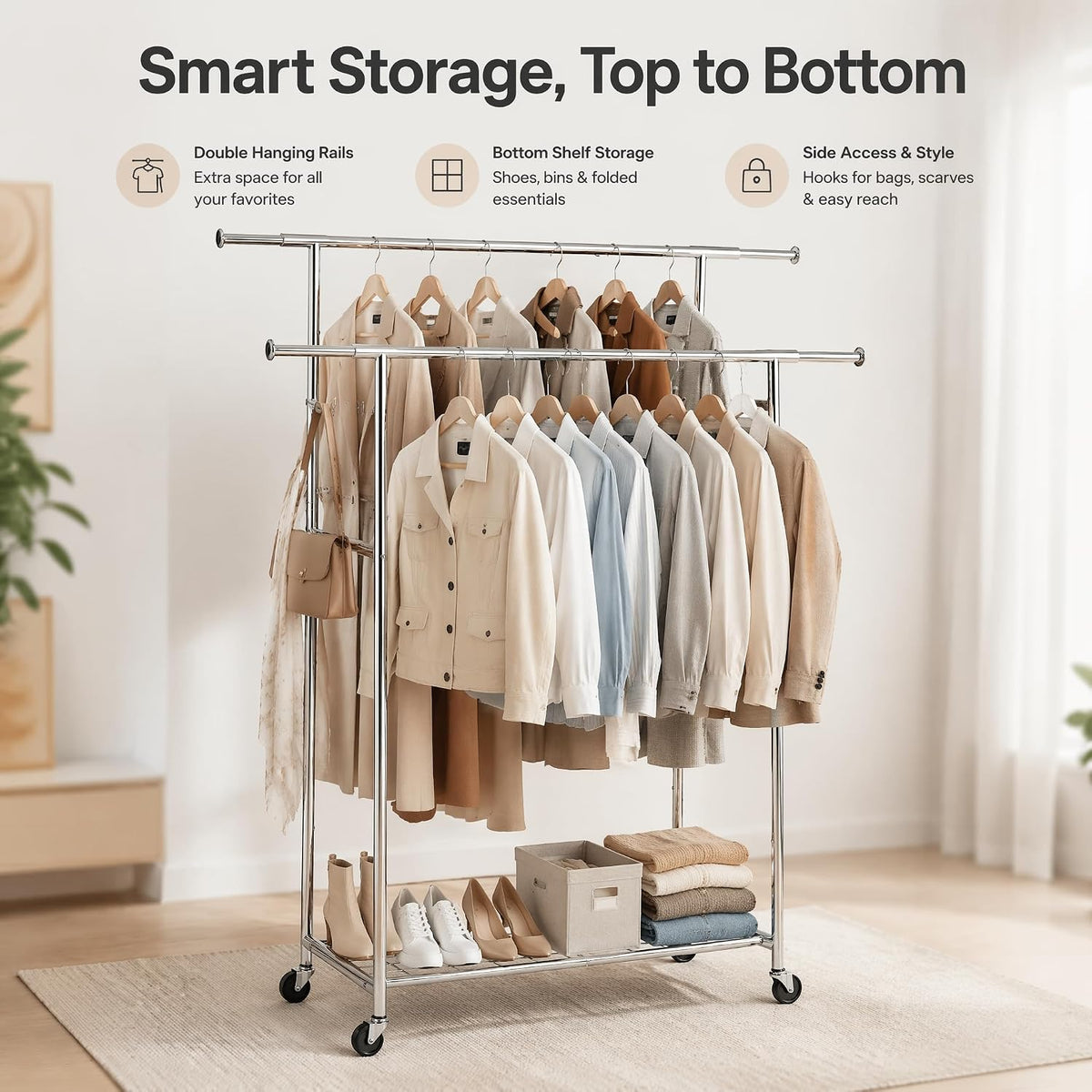 Stainless-steel clothes rack holding coats shirts and accessories