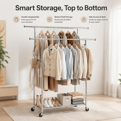 Stainless-steel clothes rack holding coats shirts and accessories