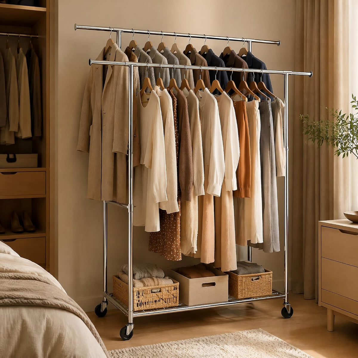 Four rolling casters with two lockable wheels on the garment rack