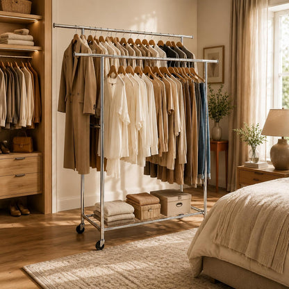 Freestanding rolling clothes rack used in a bedroom and laundry area