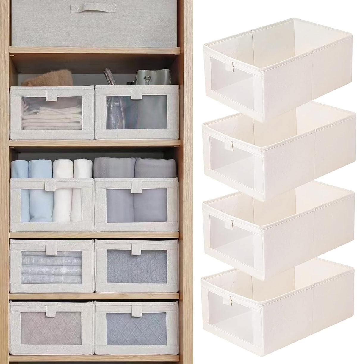 Four light neutral linen closet storage bins with clear windows