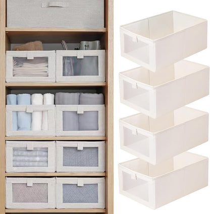 Four light neutral linen closet storage bins with clear windows