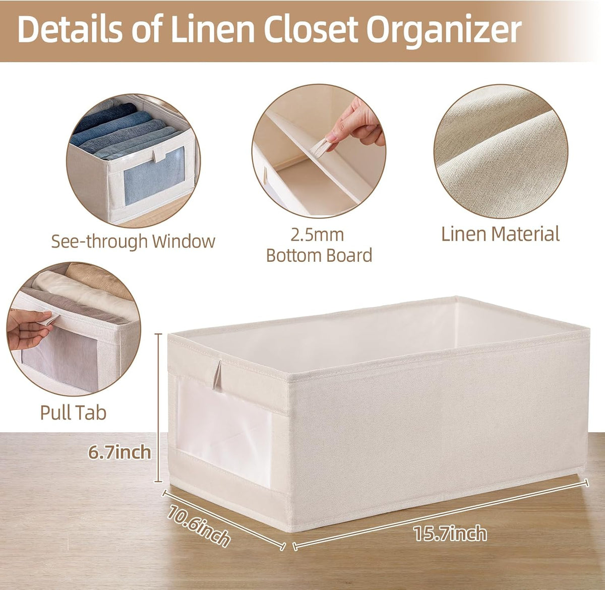 Foldable linen storage bins arranged on closet shelves