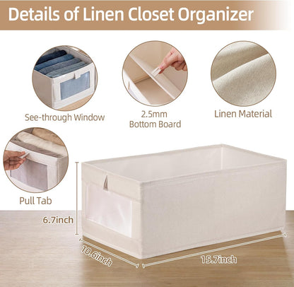 Foldable linen storage bins arranged on closet shelves