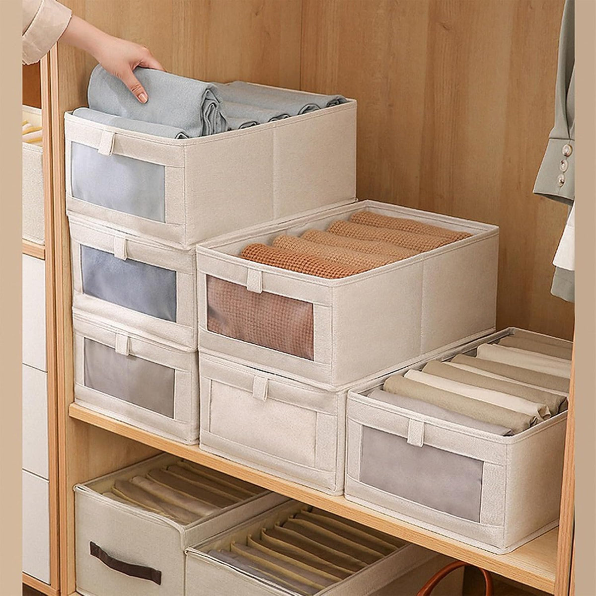 Linen storage baskets organizing towels clothes and household essentials