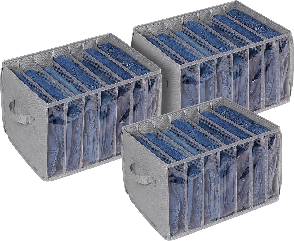 Three grey reinforced seven-grid wardrobe organizers