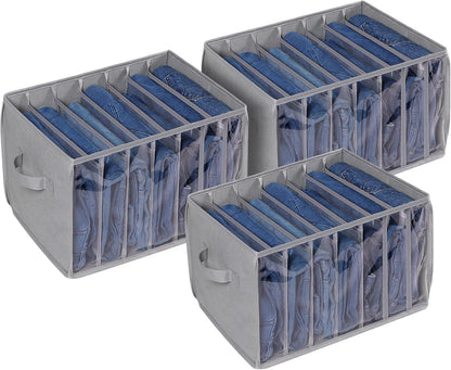 Three grey reinforced seven-grid wardrobe organizers
