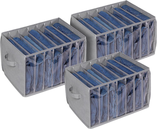 Three grey reinforced seven-grid wardrobe organizers