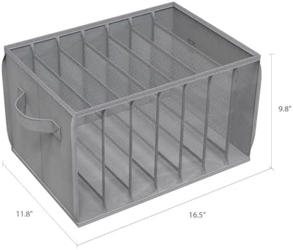 Grey wardrobe organizers used on a closet shelf
