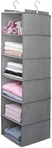 Six open shelves for folded clothing
