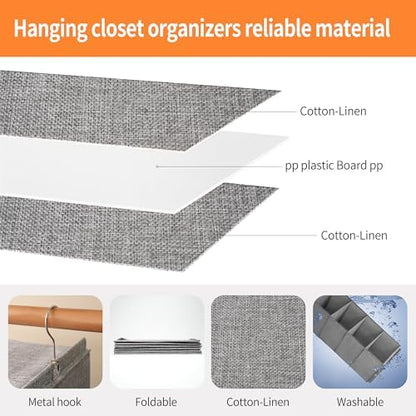 Sweaters arranged in a hanging wardrobe organizer