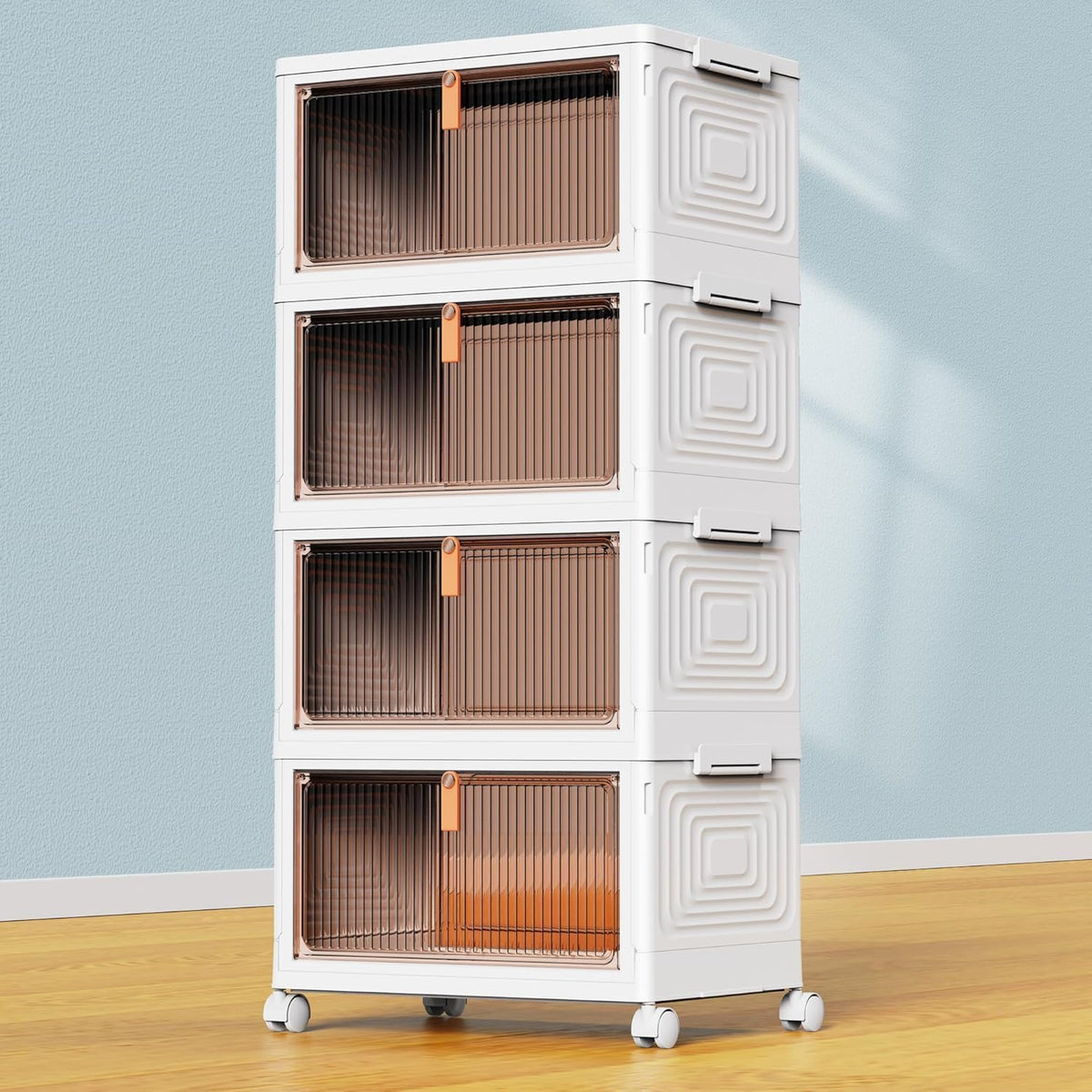 Four-tier white stackable collapsible storage bin system