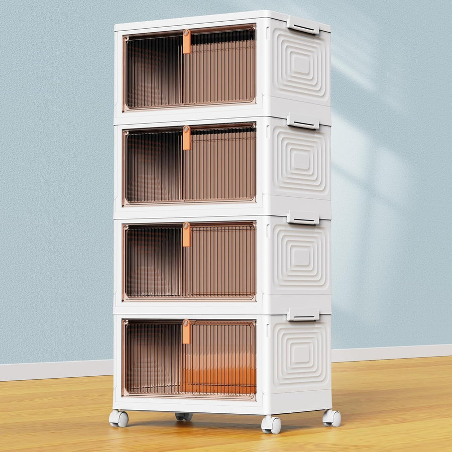 Four-tier white stackable collapsible storage bin system