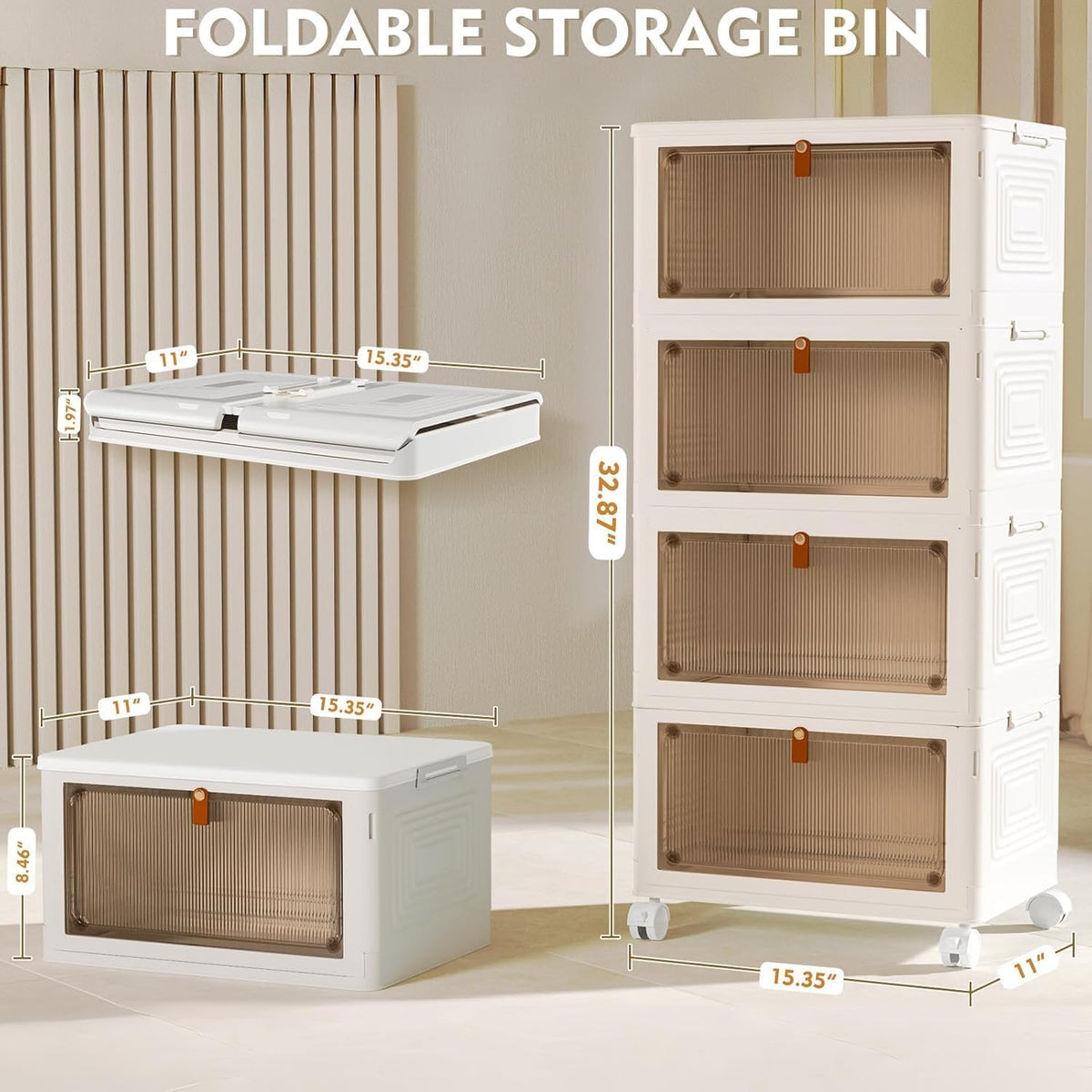 Magnetic front doors opening on stacked plastic storage bins