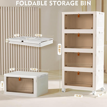 Magnetic front doors opening on stacked plastic storage bins