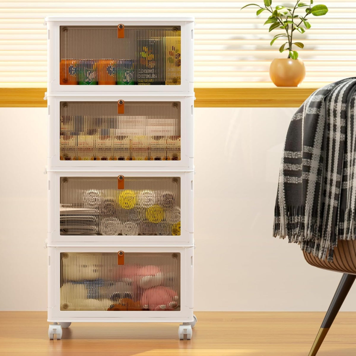 Rolling caster base moving the four-tier storage organizer