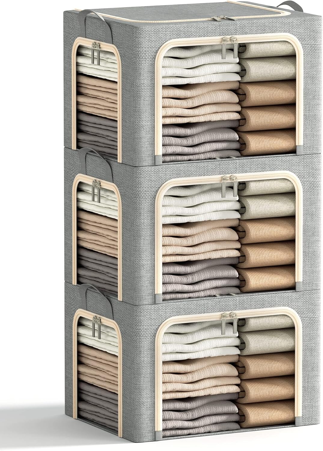 Three light-gray 40-liter linen storage bins with steel frames
