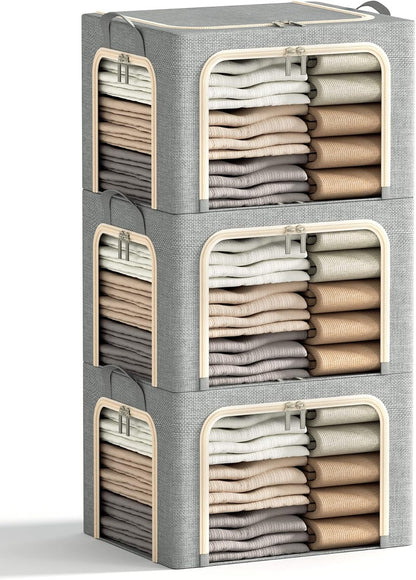 Three light-gray 40-liter linen storage bins with steel frames
