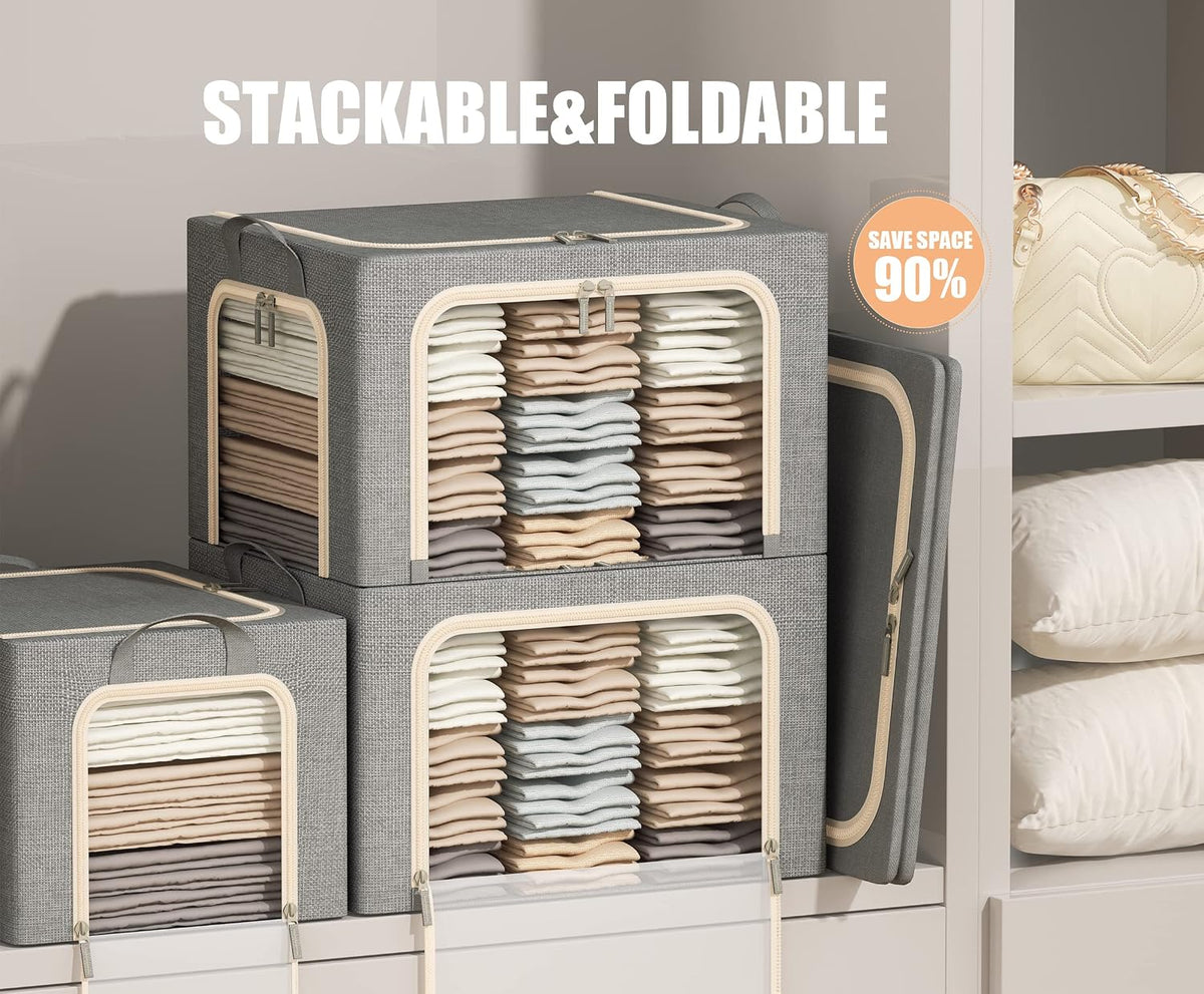 Clear front and side windows on a stackable fabric storage bin