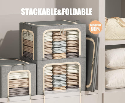 Clear front and side windows on a stackable fabric storage bin