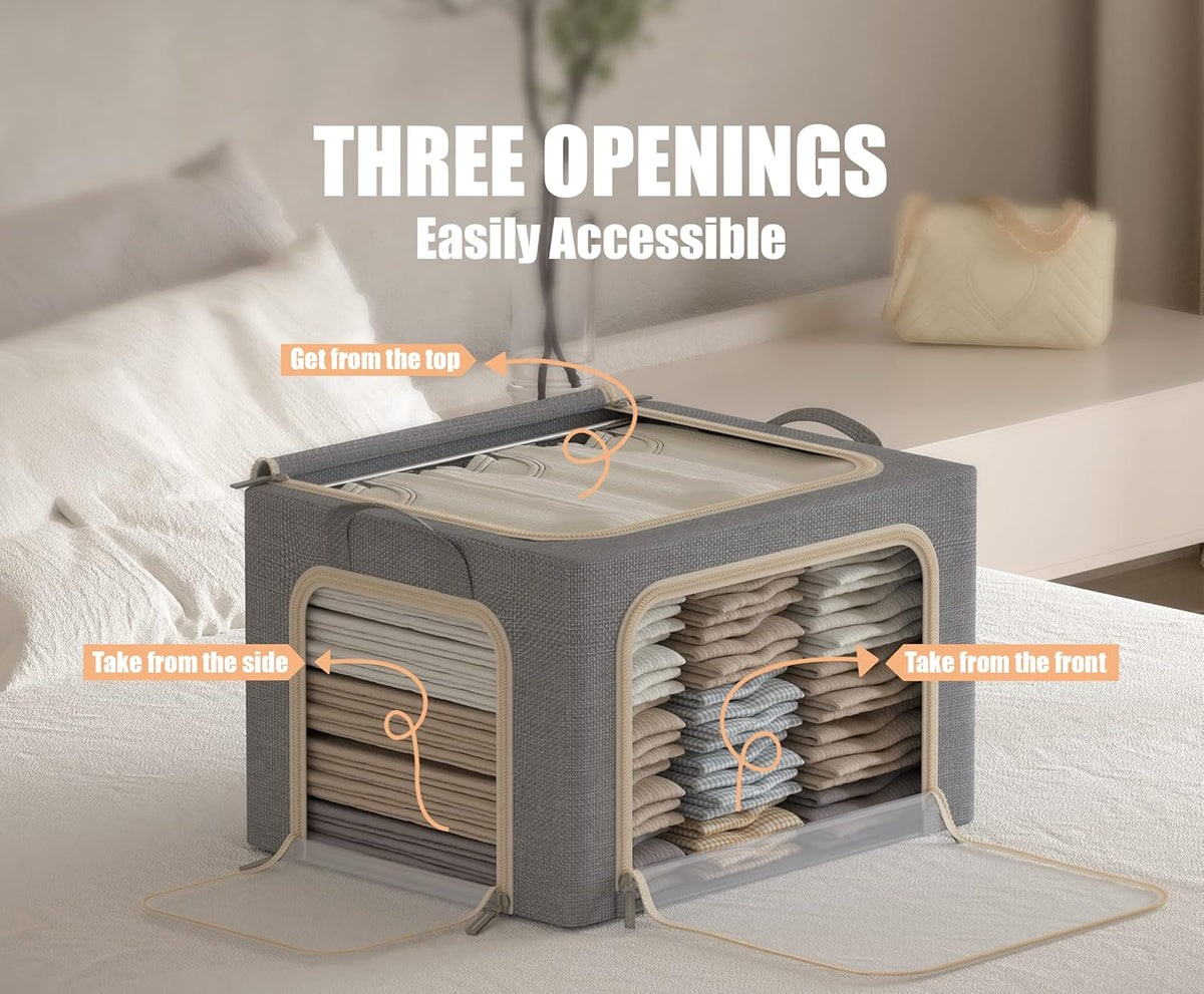 Multiple zippered openings providing access to stored clothes