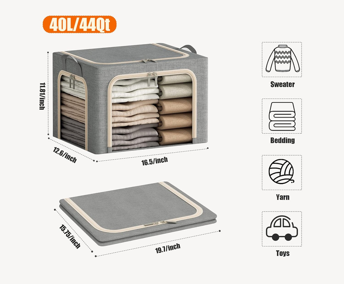 Foldable 40-liter storage bins organizing clothing and bedding in a closet