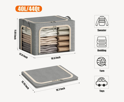 Foldable 40-liter storage bins organizing clothing and bedding in a closet